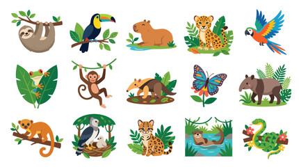 Fototapeta premium Colorful Flat Design Amazon Rainforest Animals Vector Illustration Set for Wildlife and Nature Education