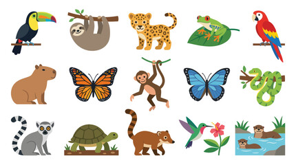 Fototapeta premium Flat Style Vector Illustration of Various Rainforest Animals and Birds in a Tropical Forest