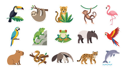 Fototapeta premium Flat Design Animal Stickers for Kids: Toucan, Sloth, Jaguar, Monkey, Flamingo, Parrot, Frog, Tapir, Anteater, Capybara, Ocelot, Dolphin