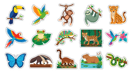 Fototapeta premium Cute Cartoon Tropical Rainforest Animals Collection - Wildlife Nature Education Flat Vector Illustrations