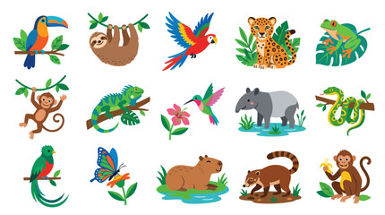 Fototapeta premium Vibrant Flat Cartoon Vector Set of Tropical Rainforest Animals and Jungle Wildlife for Kids Education