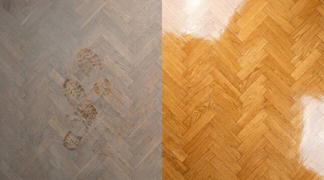 Herringbone Wood Floor Before and After Cleaning Comparison