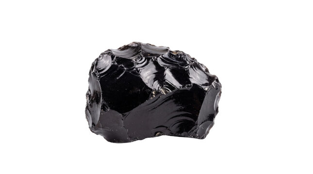 Black obsidian volcanic glass rock, raw natural obsidian stone with conchoidal fracture, dark igneous mineral specimen isolated PNG with Transparent Background