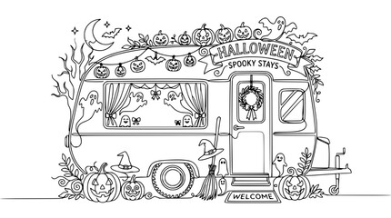 Obraz premium Halloween Camper Van Outline with Pumpkins, Ghosts, and Moon - Isolated
