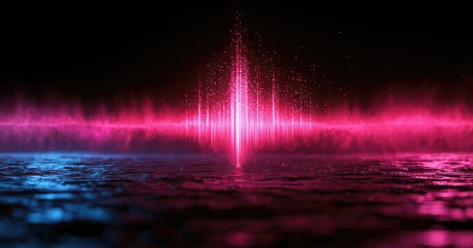 Vibrant pink and blue equalizer graphic bursts from dark, reflective surface