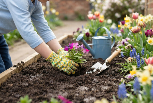 A person planting colourful flowers in a raised garden bed outdoors.