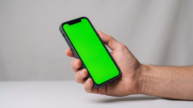 Hand holding a smartphone with a green screen for chroma key composition against a gray background
