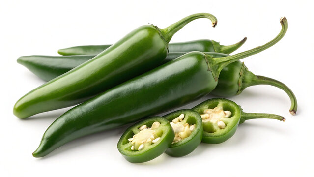 Whole and sliced fresh serrano peppers on white background