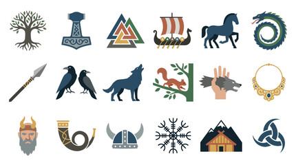 Obraz premium Viking Icons Set: Norse Mythology Symbols, Flat Vector Art
