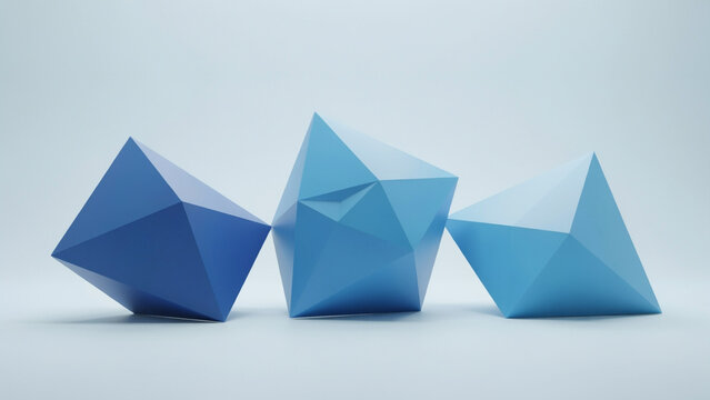 Three geometric polyhedral shapes in shades of blue on a solid light blue background