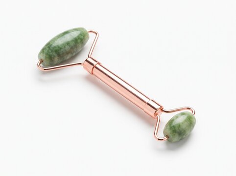 Jade facial roller isolated on white background, rose gold skincare tool