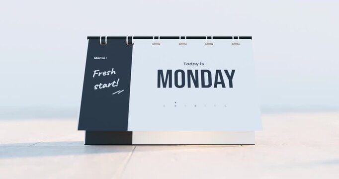 Desk calendar pages flipping from sunday to wednesday with daily motivational memos in bright outdoor setting