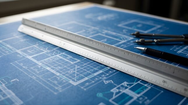 Architectural scale ruler and drafting tools on a blue house blueprint
