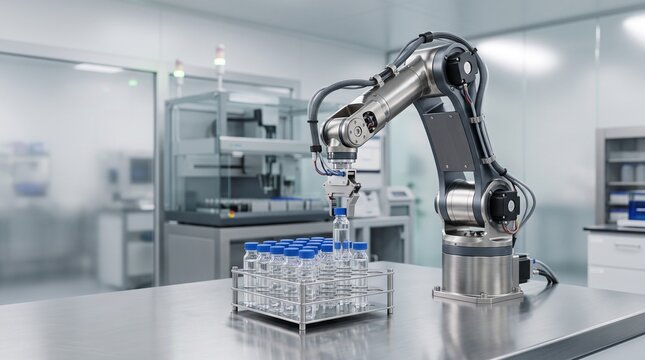 Industrial robot arm assembling components in a high-tech factory setting.