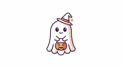 Naklejka premium Cute ghost holding a pumpkin shaped treat bucket.