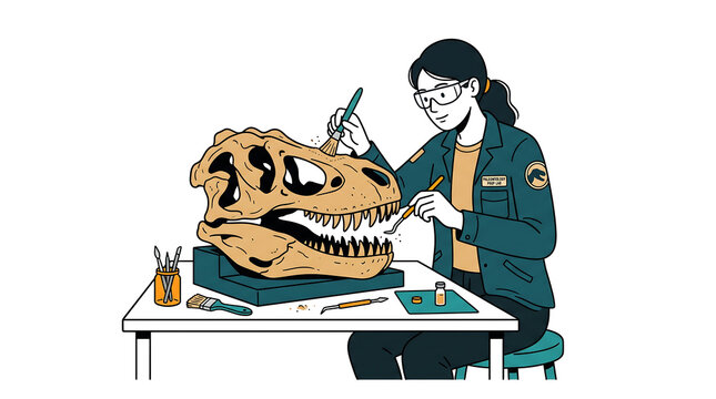 Professional female paleontologist meticulously cleaning a prehistoric dinosaur skull fossil in a laboratory environment