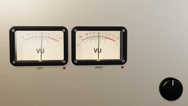 Vintage amplifier VU meters, needles dancing to the music on warm backlit dials, brushed metal panel with copy space, seamless loop 4K