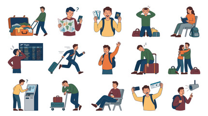 Fototapeta premium Flat Vector Illustration Set of Travelers: Airport Scenes, Vacation Journey, People's Travel Experiences