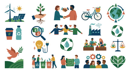 Naklejka premium ESG Sustainability Flat Vector Icons: Environmental, Social, Governance, Green Business Community.