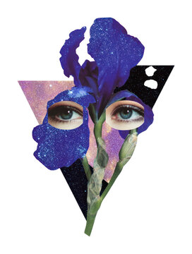 PNG Surreal floral collage with eyes and cosmic elements.
