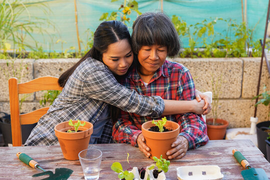 Happy asian daughter hugging mother while planting lettuce at house terrace - Family people lifestyle, organic food and bonding concept