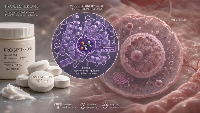 Progesterone hormone tablets with a zoomed educational inset showing the molecule binding to progesterone receptors inside a targeted uterine cellular environment background