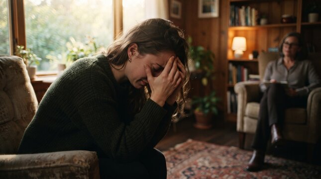 Upset woman severe stress and depression. man in despair crying. sadness and grief. hands covered face through tears. release of negative emotions. sad emotion in psychotherapy