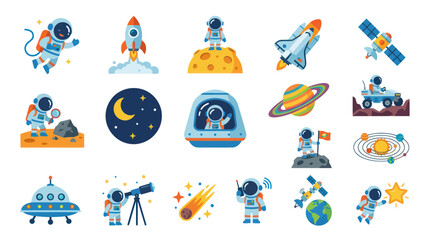 Naklejka premium Flat Style Astronauts, Rockets, Planets, and Spacecraft Vector Icons