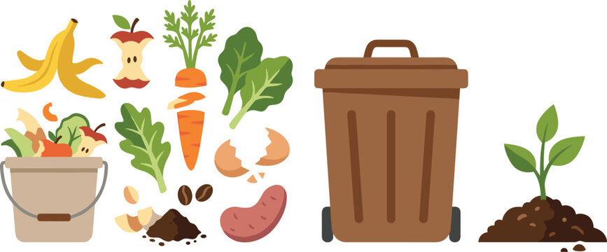 Organic food waste and composting icon set featuring kitchen food scraps compost bin container and small green plant seedling in fertilized soil for zero waste designs