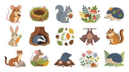 Obraz premium Cute Flat Vector Illustration Set of Woodland Animals, Forest Creatures, and Nature Elements for Kids Education