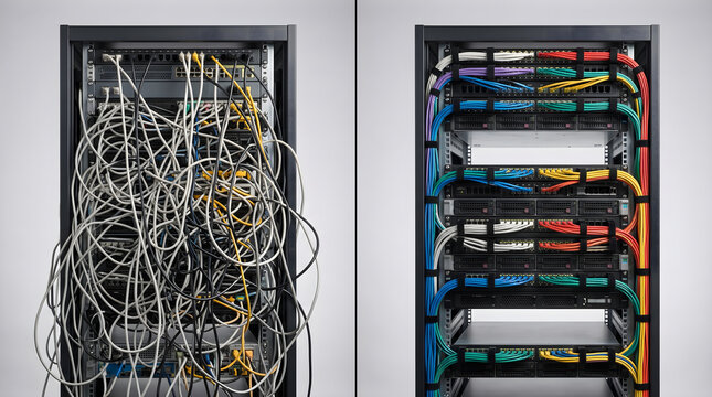 Before and after comparison of messy and organized server rack cabling