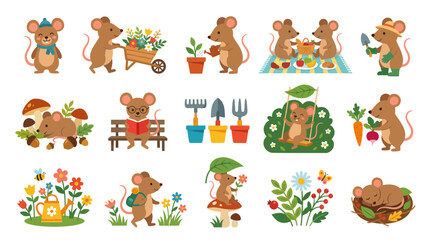 Fototapeta premium Adorable Flat Vector Mouse Characters Collection in Nature: Gardening, Reading, Playing, and Picnics