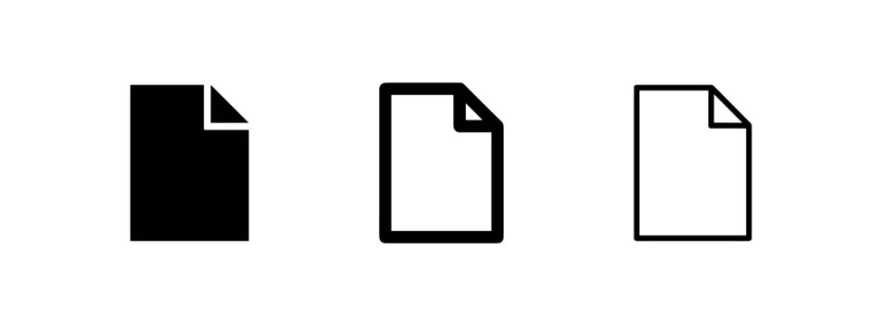 Document file icon set with folded corner. Blank paper sheet symbol for reports, notes, or business files.