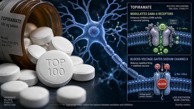 Topiramate medication tablets with a zoomed scientific inset demonstrating gaba-a receptor modulation and sodium channel blockade, featuring an active neuron in the background