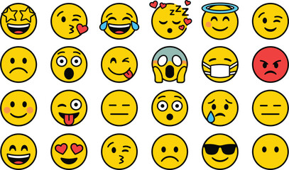 Fototapeta premium Yellow emoji emoticon face icon set featuring happy sad kiss angry shocked laughing avatar character expression vector collection