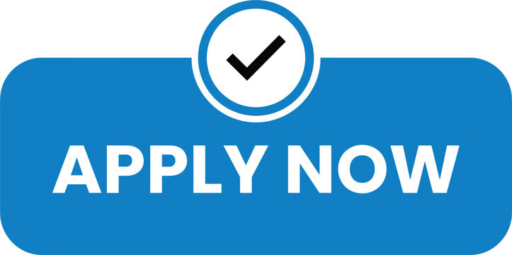 Blue apply now button banner badge with checkmark circle icon for job registration website action call vector