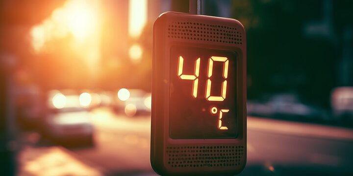 City thermometer displays 40 degrees Celsius beneath extreme summer sun. Dangerous urban heat makes climate risk immediate, measurable and public.