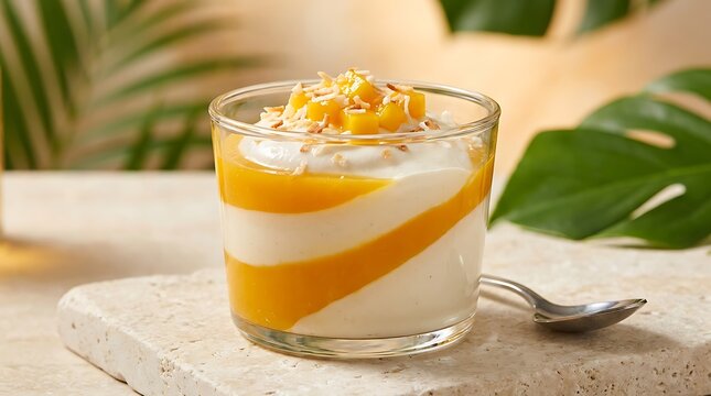 Fresh mango mousse dessert in a glass with tropical leaves on a table. Mango coconut swirl