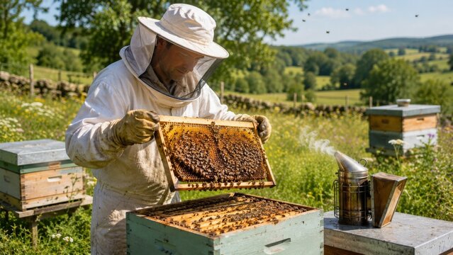 Beekeeper Inspecting Honeycomb Frame in Rural Apiary &ndash; Beekeeping, Honey Production and Sustainable Agriculture