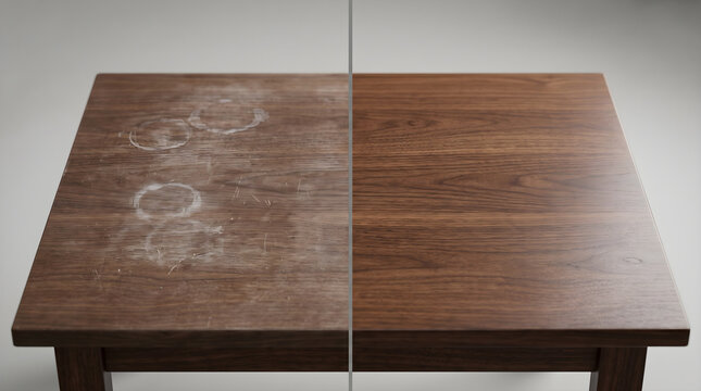 Before and after comparison of wooden table surface restoration