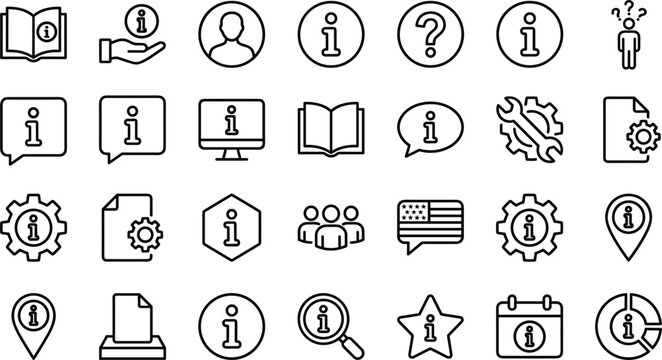Information help desk icon set featuring customer support guide manual question mark info pin user assistant outline vector