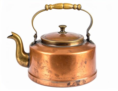 Antique Copper Kettle and Teapot Isolated on White Background, Vintage Metal Kitchen Utensil for Tea, Coffee, Boiling Water and Traditional Beverage Preparation