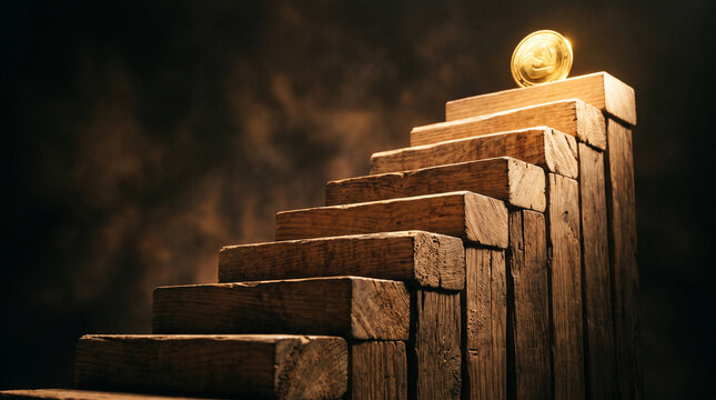 Gold coin on top of ascending wooden step blocks