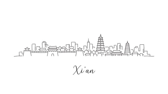 Minimalist cityscape sketch of xi'an highlighting ancient and modern architectural coexistence