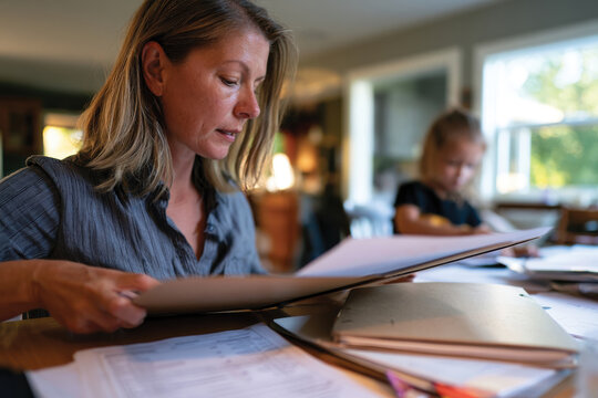 A dedicated mother is immersed in organizing documents at her home workspace while a child engages in nearby activities, highlighting family and productivity.