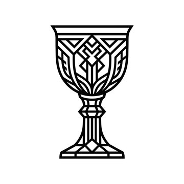 Ornate Medieval Chalice Illustration with Geometric Patterns Line Art