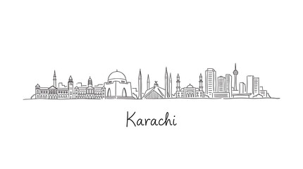 Obraz premium Minimalist Line Art Illustration of Karachi Skyline Featuring Iconic Landmarks and Urban Silhouette