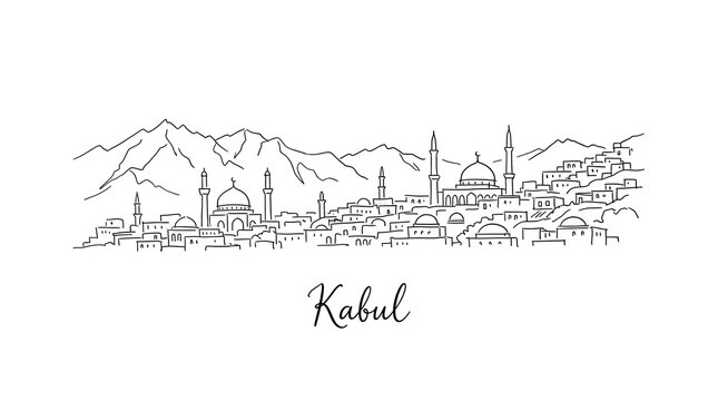 Elegant Line Drawing of Kabul Cityscape with Mountain Backdrop Showcasing Historic and Modern Architectural Elements