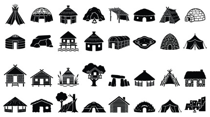 Comprehensive set of black silhouette icons depicting various global primitive and traditional dwellings including tepees, igloos, yurts, mud huts, log cabins, and cave shelters. © VectorSuka
