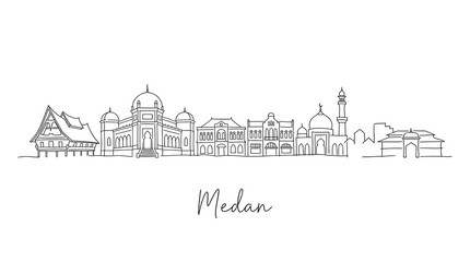 Naklejka premium Minimalist line drawing showcasing Medan city skyline highlighting diverse architectural styles and iconic landmarks of the